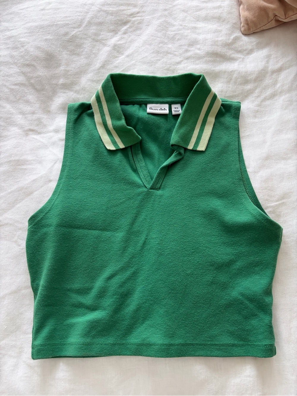 Aritzia Green Polo Crop Top with Striped Collar